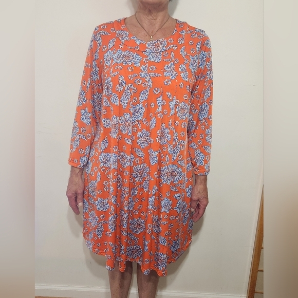 Reborn FLORAL SWING DRESS WITH 2 POCKETS Orange Blue White Flowers Size LARGE - Picture 5 of 8
